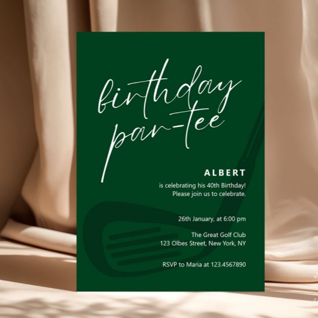 Green Minimalist Golf Birthday Partee Invitation (golf cart course birthday party, greens clubs golfer celebration fun, invitation for him congratulat)