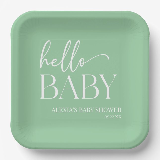Green Minimalist Hello Baby Baby Shower Paper Plate (Front)