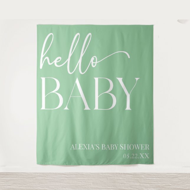 Green Minimalist Hello Baby Baby Shower Tapestry (Front)