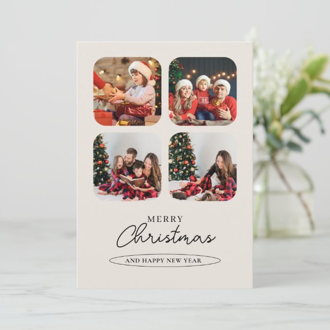 Green Minimalist Photo Collage Merry Christmas  Holiday Card (Standing Front)