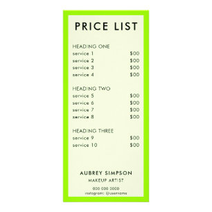 Green Minimalist Price List Rack Card
