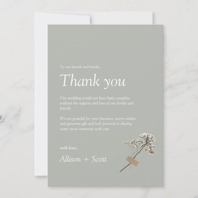 Green Minimalist Script Hand Press Floral Flat Tha Thank You Card (Front)