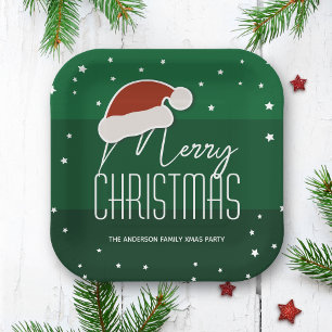 Green Minimalist Typography Merry Christmas Party Paper Plate