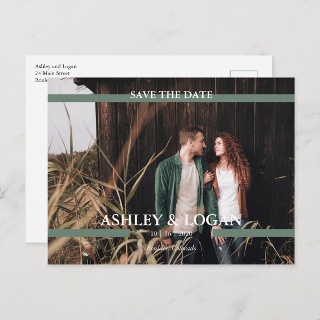 Green Minimalist Wedding Save the Date Photo Announcement Postcard (Front/Back)