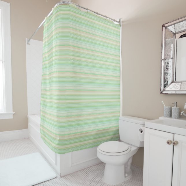 Green Mint and Tan Pastel Stripe Shower Curtain (In Situ)