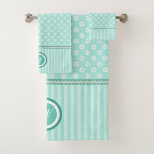 Green Mint Daisies and Stripes Monogrammed Bath Towel Set