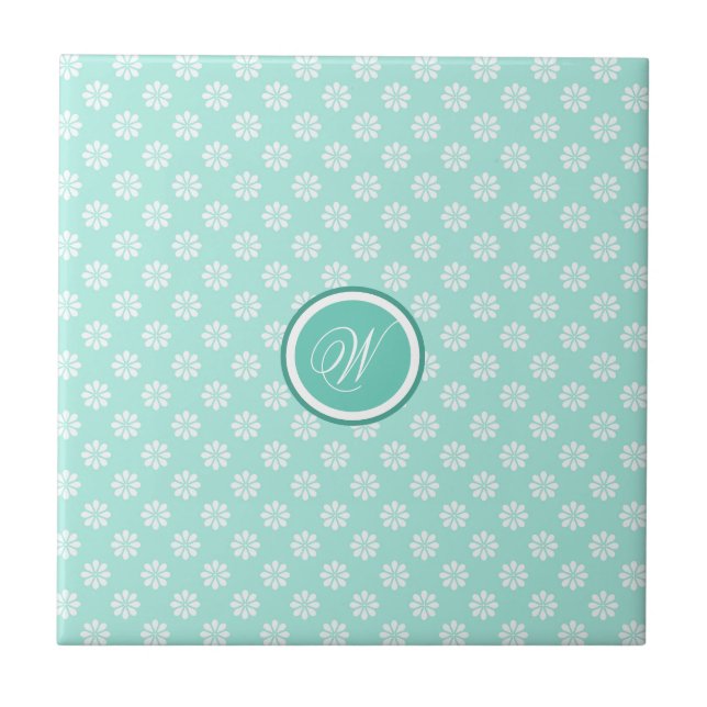 Green Mint Daisies Monogrammed Ceramic Tile (Front)