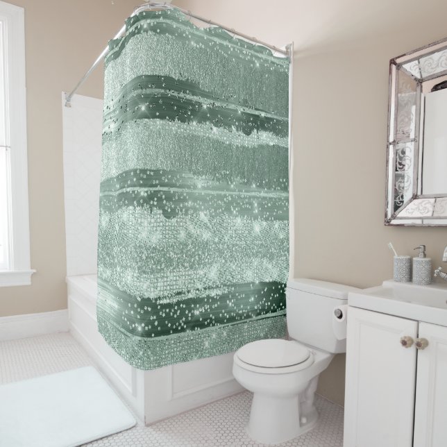 GREEN MINT  GREY STROKES LINES MODERN ARTWORK SHOWER CURTAIN (In Situ)