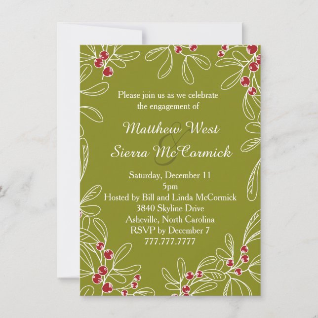 Green Mistletoe Holiday Engagement Party Invitation (Front)