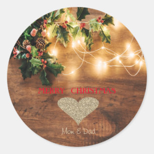 Green Mistletoe,String Lights,Wood Christmas Classic Round Sticker