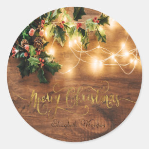 Green Mistletoe,String Lights,Wood Christmas  Classic Round Sticker
