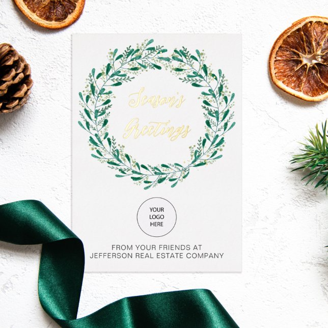 Green Mistletoe Wreath Company Logo Business  Foil Holiday Card (Creator Uploaded)
