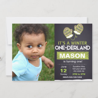 Green mitten birthday invitation with photo