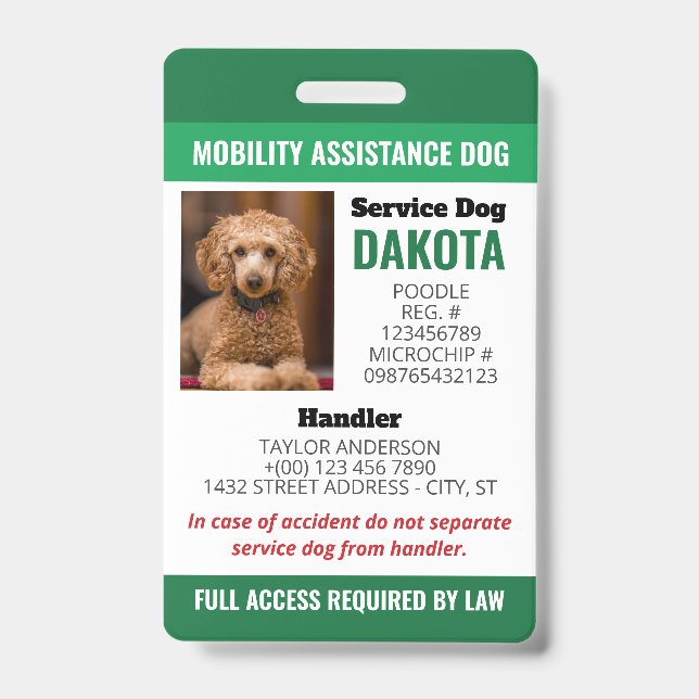 Green Mobility Assistance Dog Logo QR Photo ID Badge (Front)