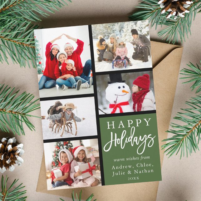Green Modern 5 Photo Collage Christmas Holiday Card (Creator Uploaded)