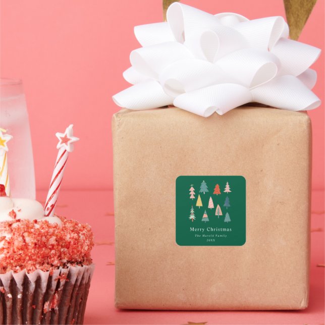 Green Modern and Simple Elegant Christmas Trees Square Sticker (Party)