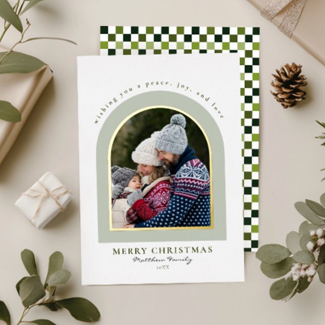 Green Modern Arch Photo Christmas Foil Holiday Card (Creator Uploaded)