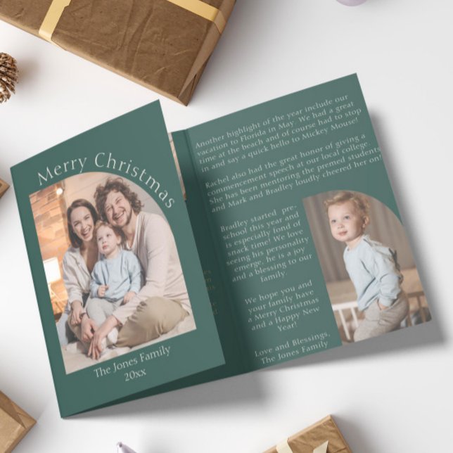 Green Modern Arch Year in Review Family Update Tri-Fold Holiday Card (green arch photo year in review christmas card modern boho)