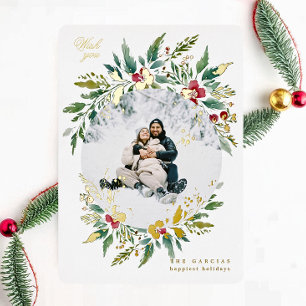 green modern big wreath one photo merry christmas foil holiday card