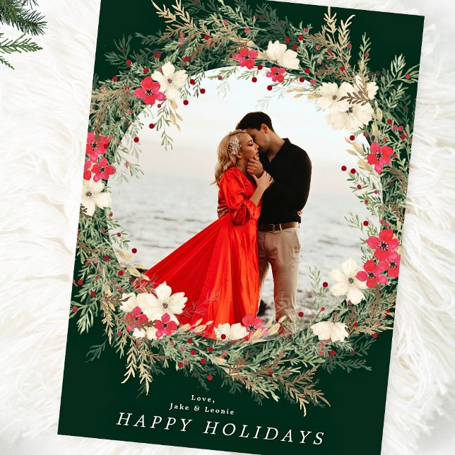 green modern big wreath one photo merry christmas holiday card (Creator Uploaded)