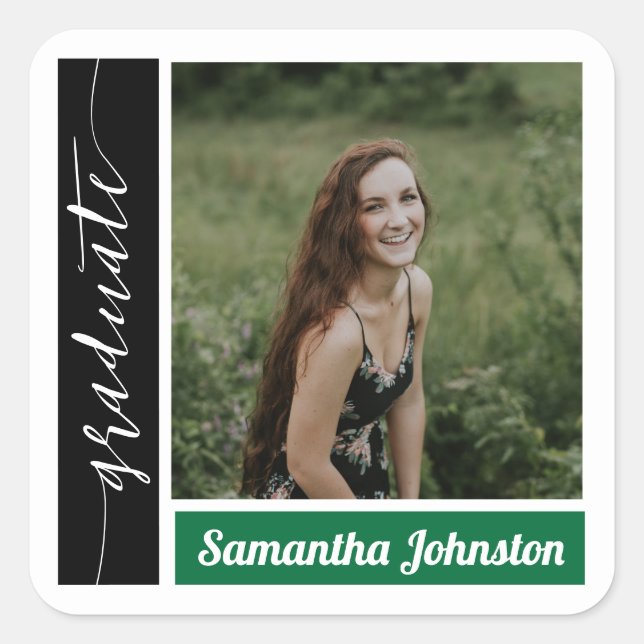 Green Modern Block Photo Graduation Square Sticker (Front)