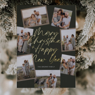 Green Modern Boho 8 Photo Collage Christmas Foil Holiday Card
