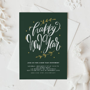 Green Modern Calligraphy and Wreath New Year Party Invitation