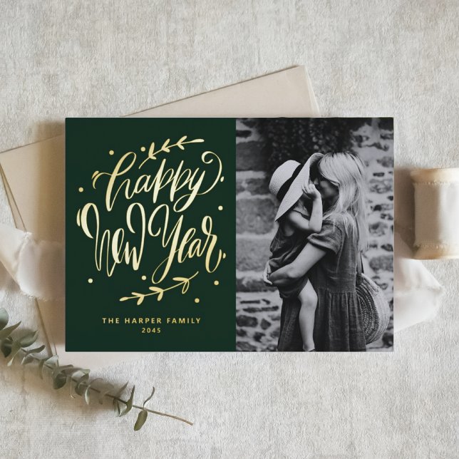 Green Modern Calligraphy and Wreath New Year Photo Foil Holiday Card (Customizable gold foil photo Happy New Year card featuring modern calligraphy and wreath.)