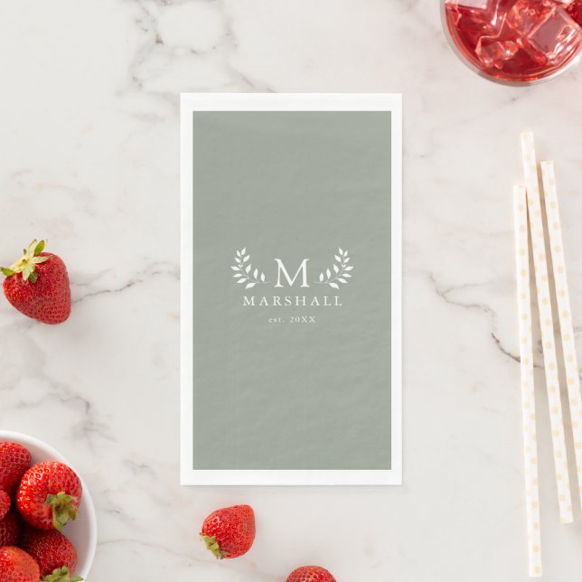 Green Modern Elegant Floral Monogram Family Name Napkin (Insitu)