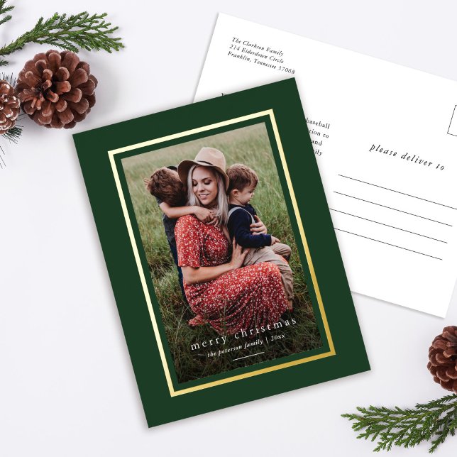 Green Modern Elegant Frame Simple Merry Christmas Foil Holiday Postcard (Creator Uploaded)