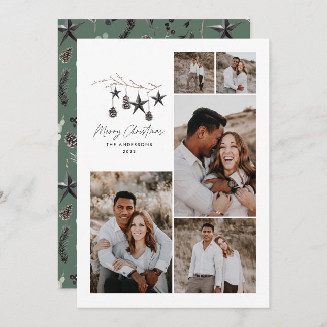 Green modern elegant script Christmas multi photo Holiday Card (Front/Back)