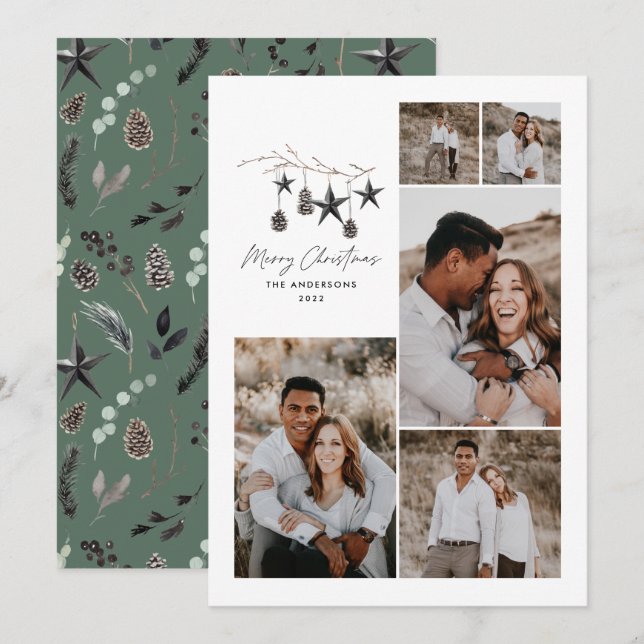 Green modern elegant script Christmas multi photo Holiday Card (Front/Back)