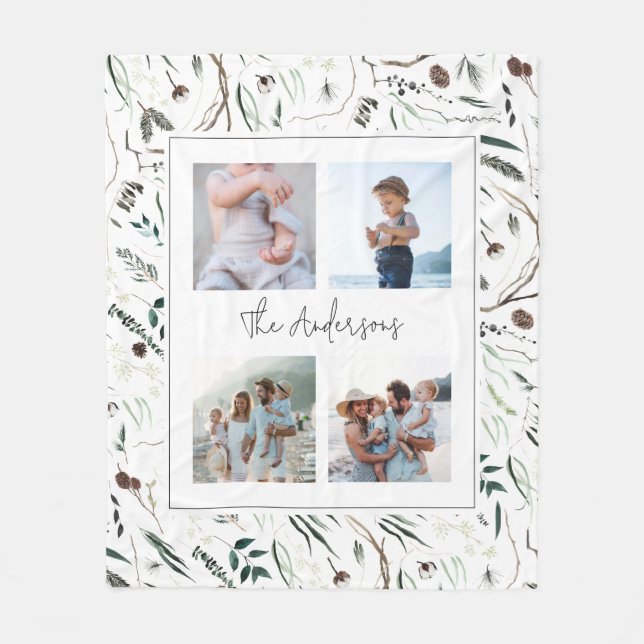 Green modern elegant watercolor botanical 4 photo  fleece blanket (Front)