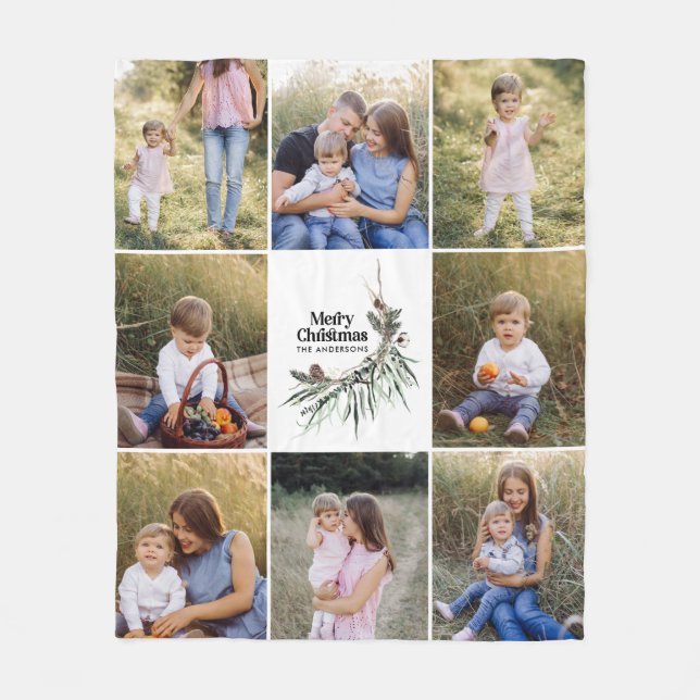 Green modern elegant watercolor botanical 8 photo  fleece blanket (Front)