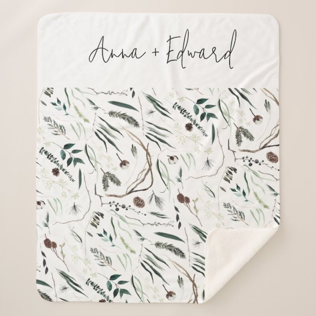 Green modern elegant watercolor botanical rustic f sherpa blanket (Front)