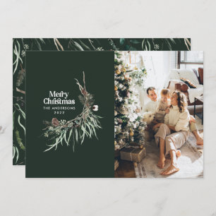 Green modern elegant watercolor botanical rustic holiday card