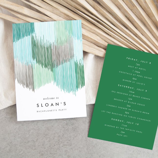 Green Modern Fringe Bachelorette Party Itinerary Save The Date (Green modern fringe fiesta bachelorette party itinerary cards.)