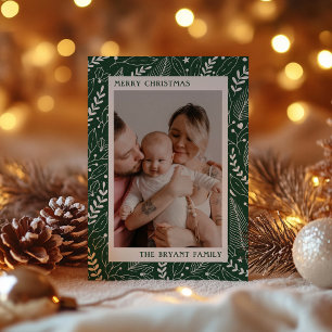 Green Modern Holly and Leaves Artwork Frame Holiday Card