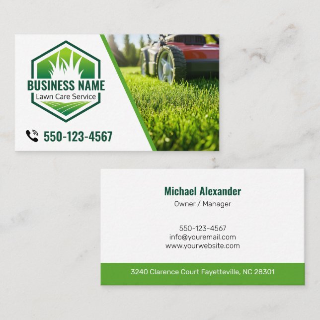 Green Modern Lawn Care Landscaping Photo Business Card (Front/Back)
