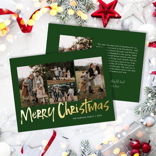 Green Modern Lettering Five Photo Merry Christmas  Foil Holiday Card (Creator Uploaded)