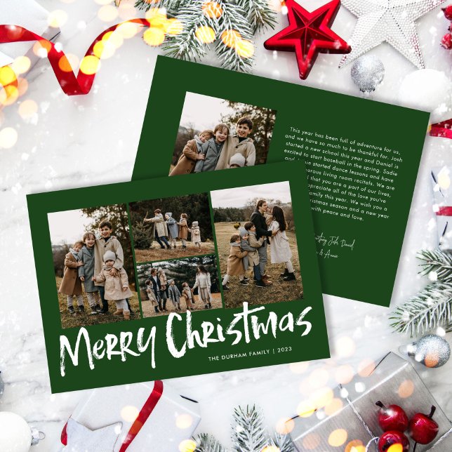 Green Modern Lettering Five Photo Merry Christmas  Holiday Card (Creator Uploaded)