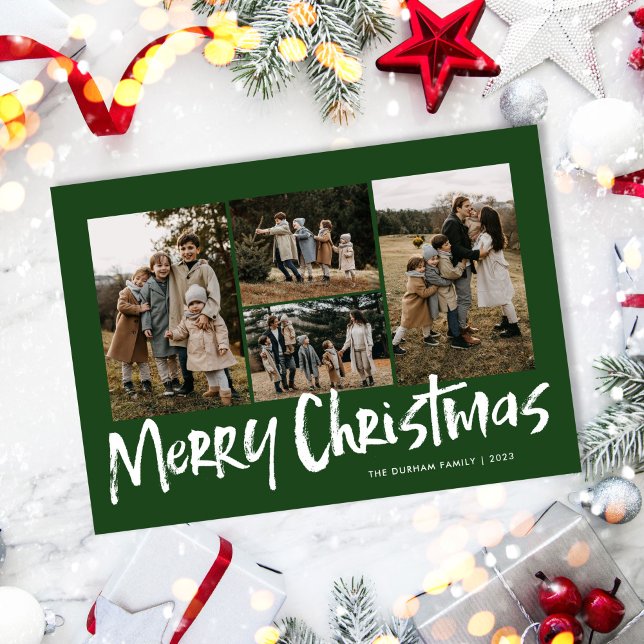Green Modern Lettering Four Photo Merry Christmas  Holiday Card (Creator Uploaded)