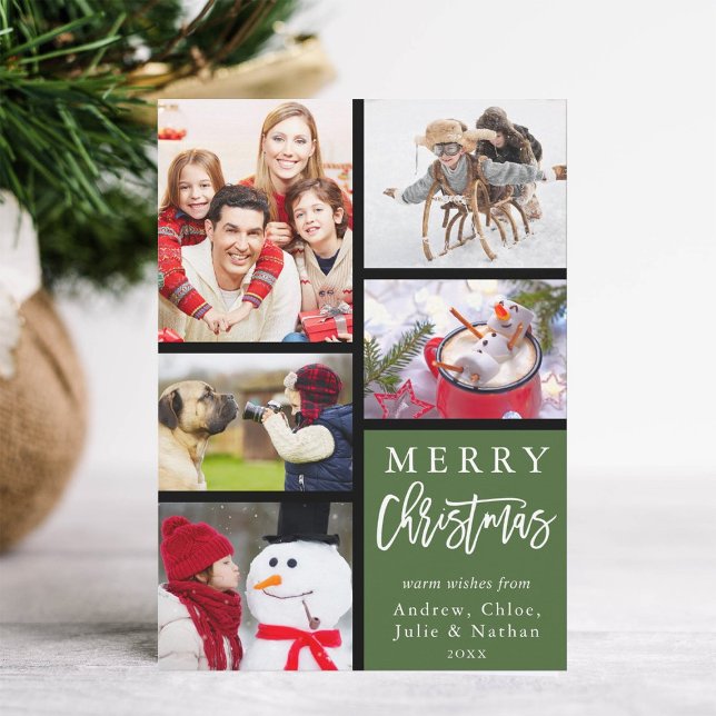 Green Modern Merry Christmas Photo Collage Holiday Card (Creator Uploaded)