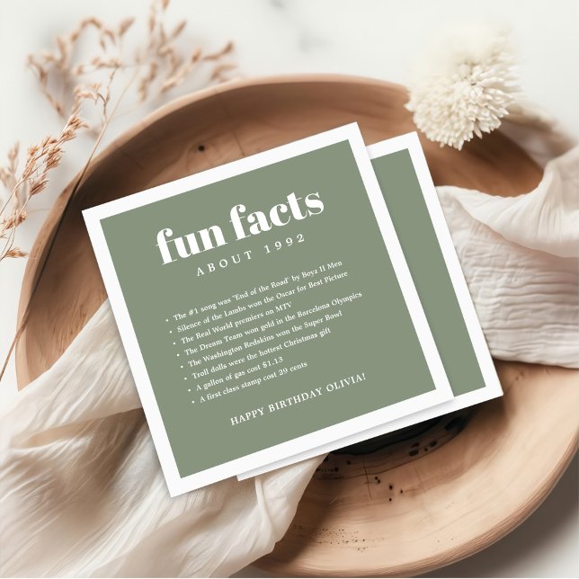 Green Modern Minimal Fun Facts Birthday Year  Napkin (Creator Uploaded)