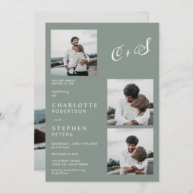 Green modern minimalist initials photo wedding invitation (Front/Back)