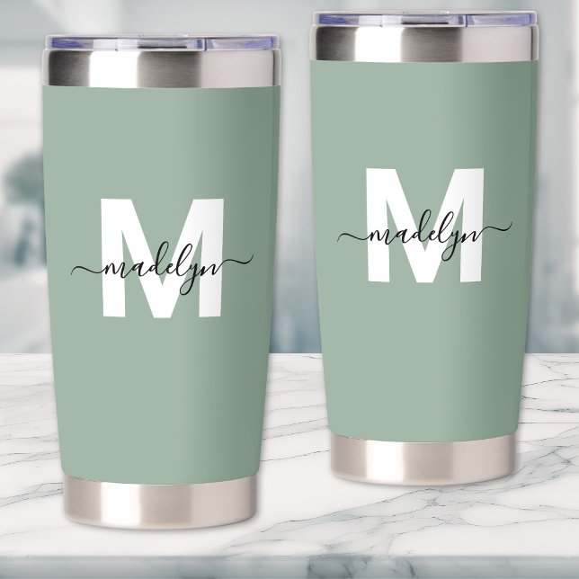 Green Modern Monogram Name Insulated Tumbler (Sage Green Modern Monogram Name Insulated Tumbler)