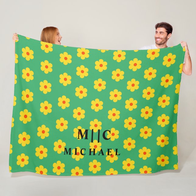 Green modern monogram retro floral fleece blanket (In Situ)