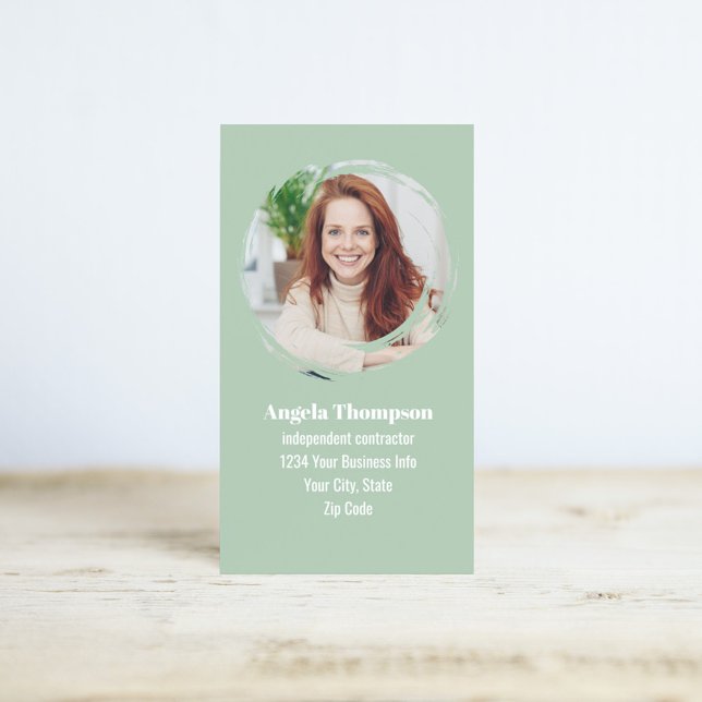 Green Modern Photo QR Code Custom Business Card (Simple green photo modern business card.)