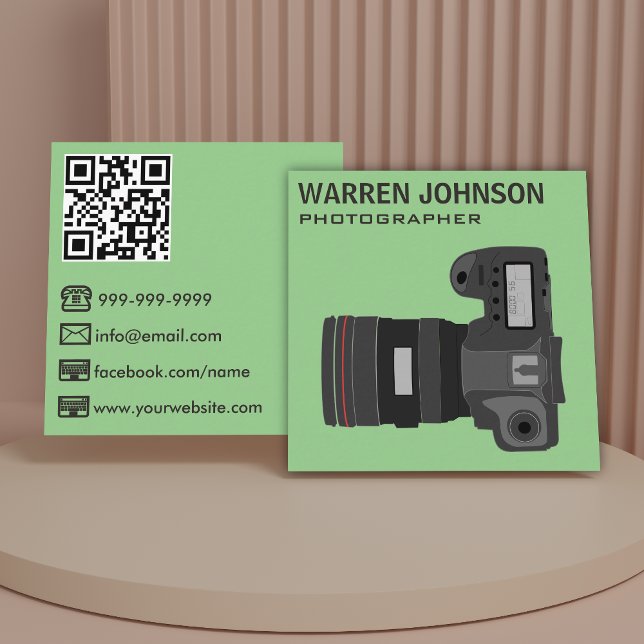 Green Modern Photographer QR Code Square Business Card (Creator Uploaded)