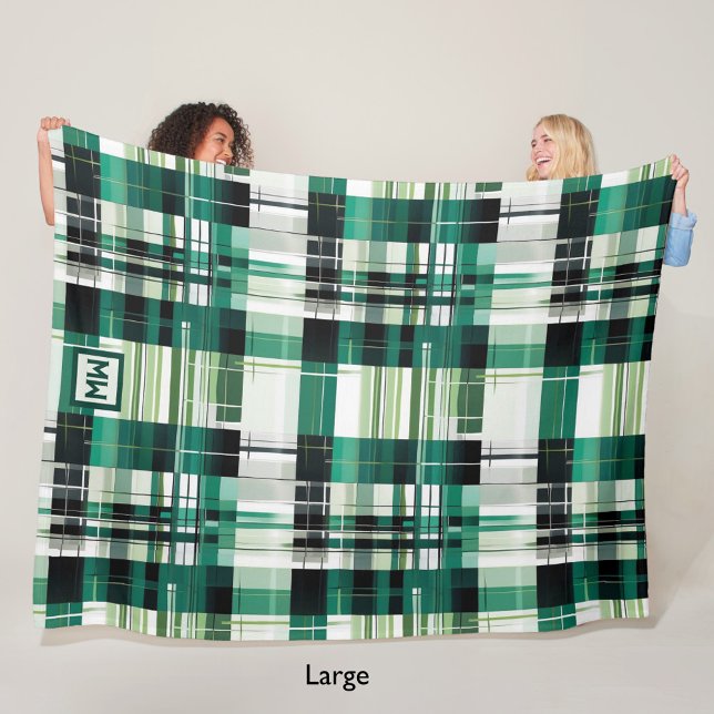 Green modern plaid geometric monogram fleece blanket (Creator Uploaded)